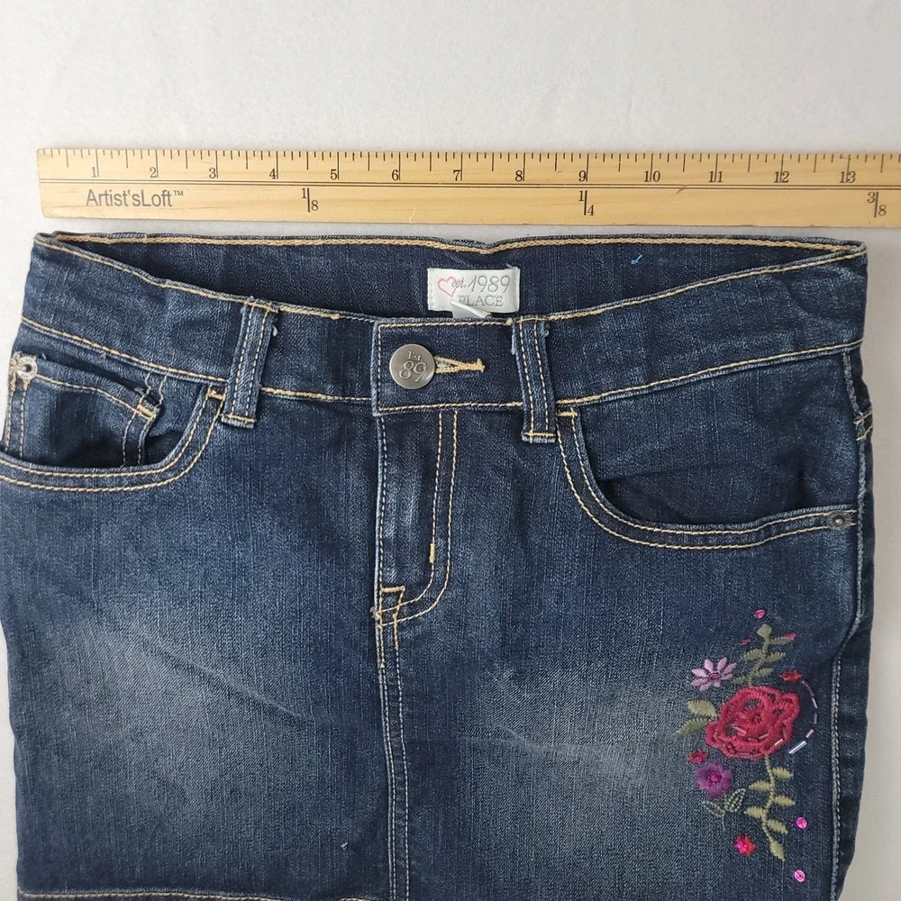 The Children's Place Girls Blue Denim Floral Embroidered Skirt Skort Size 10